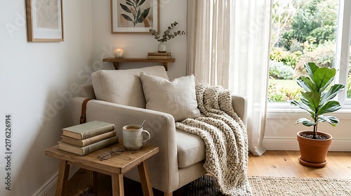 Cozy armchair with books and blanket by window with lush green garden view