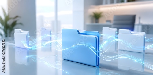 Digital file organization and fast data transfer concept with glowing folders connected by light streams in a modern corporate office