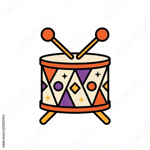 Colorful Halloween toy drum vector icon decorated with geometric patterns and stars, featuring drumsticks on a clean white background.
