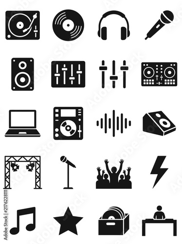DJ and music audio icons set for sound production party and event vector design
