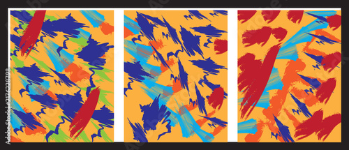 Triptych Abstract Art with Warm Dynamic Colorful Strokes