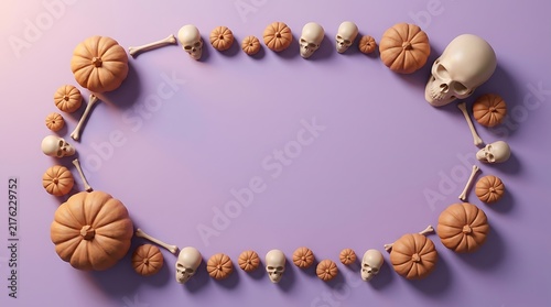 Halloween frame made of skulls pumpkins bones creating an oval border on a light purple surface halloween decoration autumn background harvest design pumpkin frame spooky layout halloween