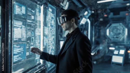 Man Wearing VR Headset Interacting With Futuristic Digital Interface.