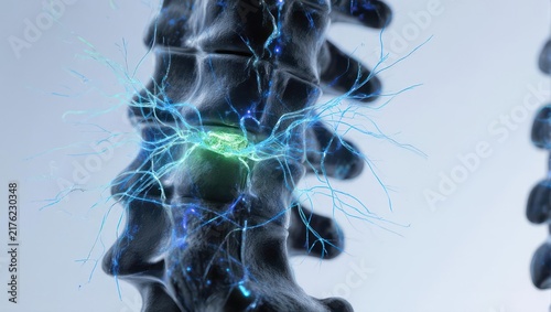 Medical illustration of spinal nerve pain and inflammation.