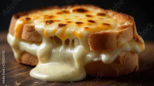 Melted cheese overflowing a toasted sandwich