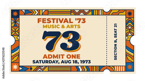 Retro Festival Ticket Admit One Music Arts 1973 Vintage Design