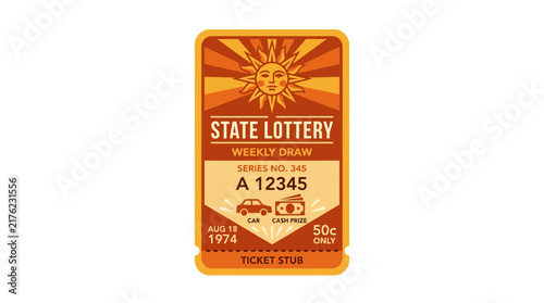 Retro State Lottery Ticket Stub with Sun Graphic, Isolated