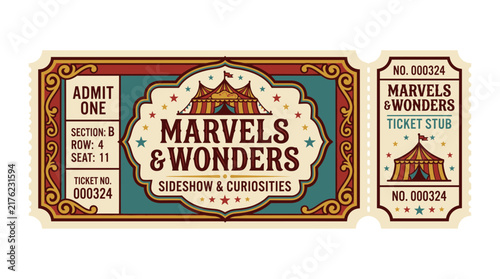 Vintage Circus Ticket Admit One Marvels Wonders Sideshow Curiosities Isolated