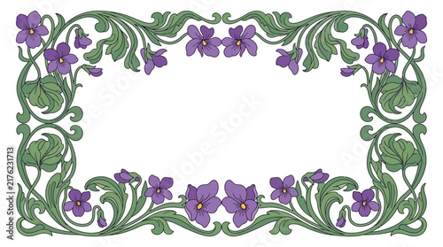 Art Nouveau Floral Border Frame with Purple Violets and Green Leaves