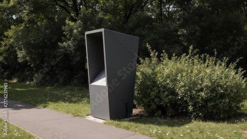 Modern black trash can in park setting with green foliage.