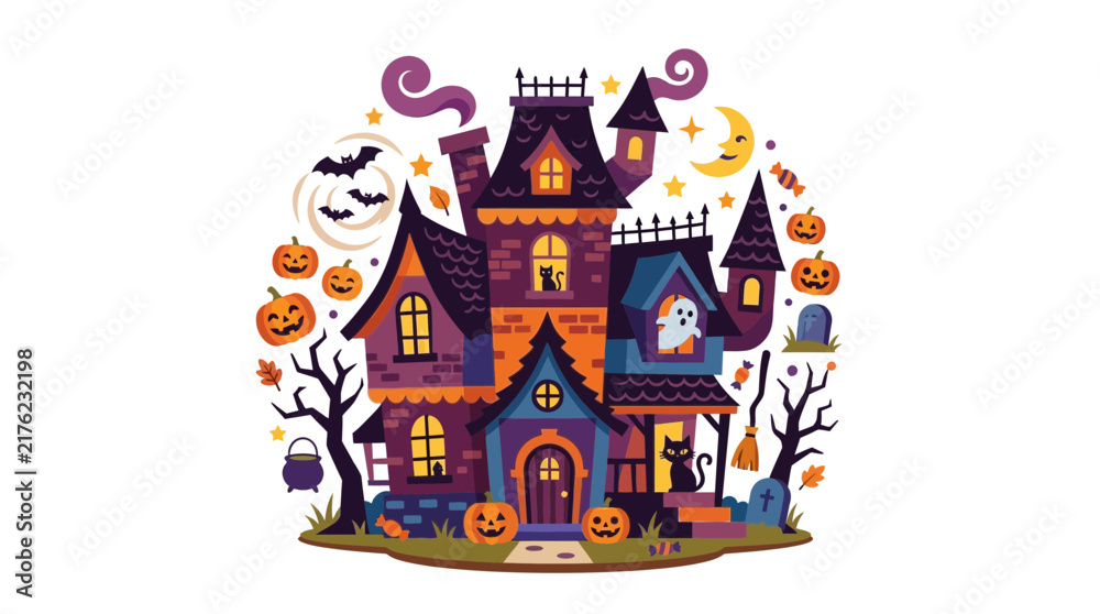 Naklejka premium Spooky Haunted Mansion with Halloween Pumpkins Ghosts and Bats Flat Vector Illustration