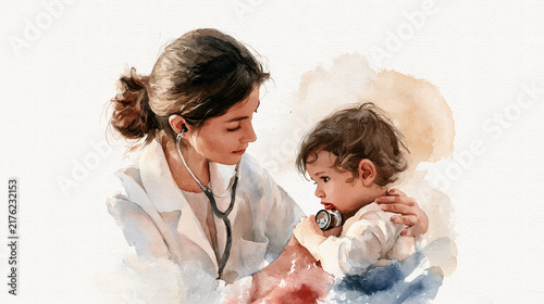 Female doctor stethoscope child healthcare gentle watercolor illustration pediatrician caring examination emotional soft white coat young medical trust motherly compassion professional checkup