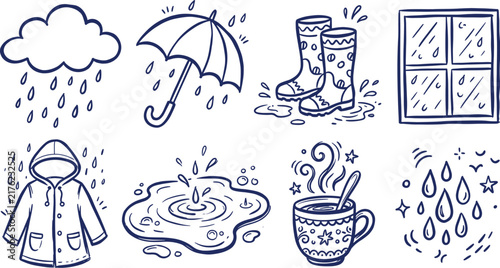 Bild auf Leinwand Hand drawn rainy day doodles vector set featuring umbrella boots and hot drink i
