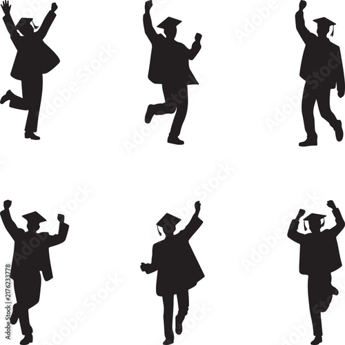 Set of happy graduate student silhouettes celebrating academic success in graduation gowns and caps