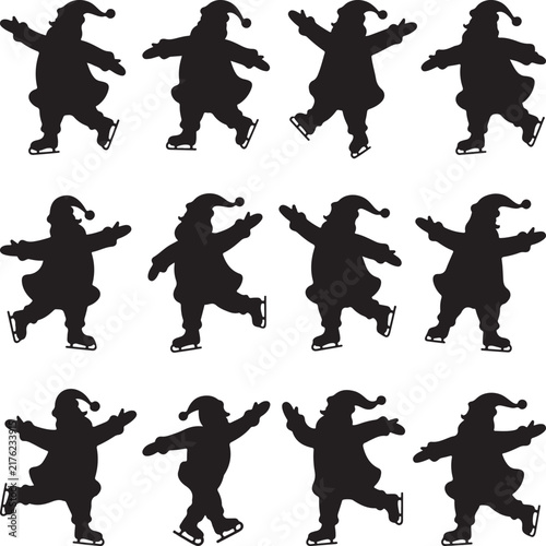 Set of twelve black silhouettes of Santa Claus ice skating on white background