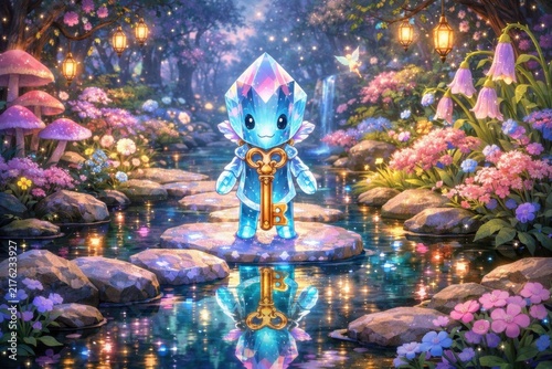 Magical crystal guardian holding golden key in enchanted garden with sparkling water and fantasy glow