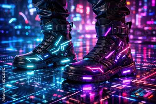 Futuristic cyberpunk boots glowing with neon light on digital city floor in advanced technology setting