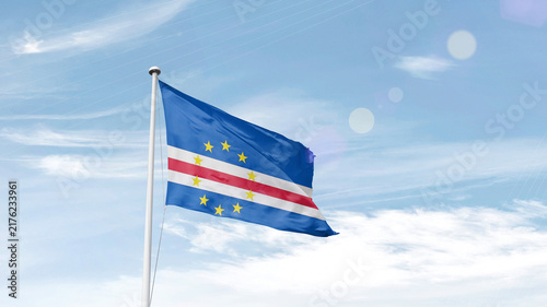 Fotografie Cabo Verde national flag waving in sky.