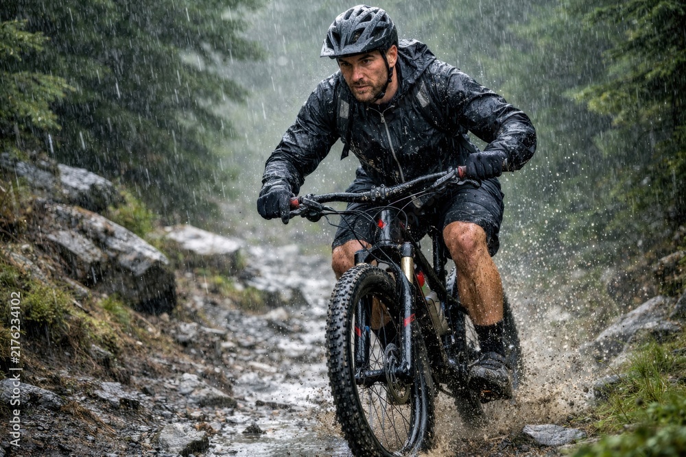 Fototapeta premium Mountain biker riding through rain on rugged forest trail with water splash and outdoor adventure