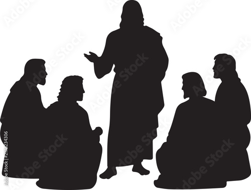 Silhouette graphic of Jesus Christ teaching his disciples in a gathering on white background