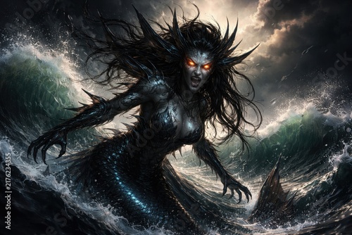 Dark fantasy sea monster emerging from stormy ocean with glowing eyes dramatic horror illustration