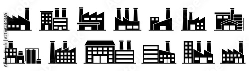 Building icon set in line black flat factory, manufacture, industrial, station, industry, warehouse, storage, workshop, architecture, construction, real estate, , logo, symbol, vector, isolated.