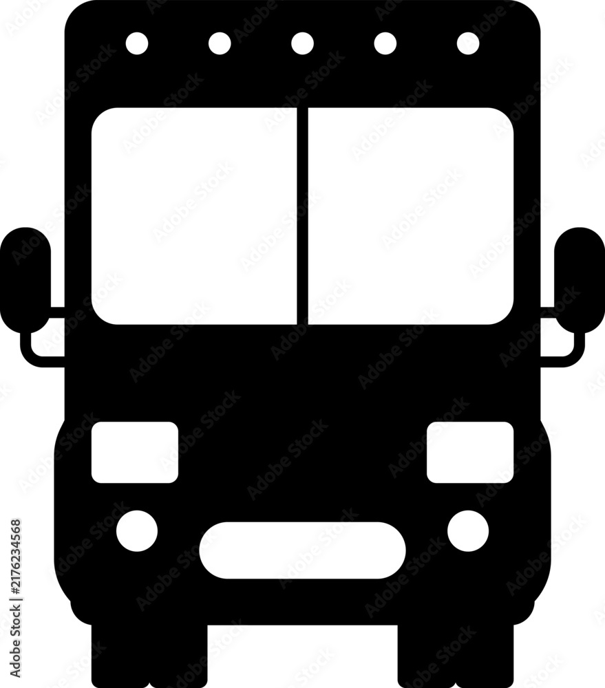 Obraz premium Bus vector vehicle flat silhouette icon, city transportation symbol isolated vector illustration. Bus icon set in a flat black silhouette style, front view vehicle symbols.
