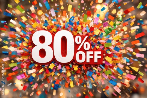 Colorful eighty percent discount promotion with festive confetti explosion for retail sale advertising