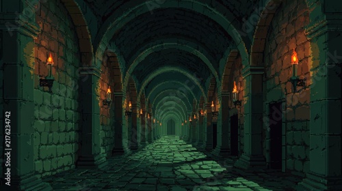 Pixel dungeon corridor with green stone arches torch light deep perspective dark medieval hall