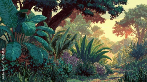 Pixel art tropical jungle path surrounded by lush plants and giant leaves in warm golden sunlight