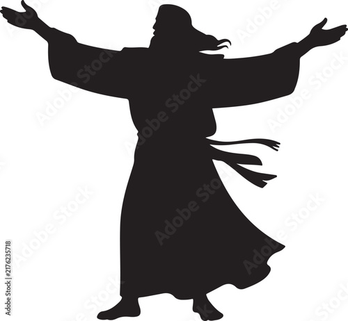 vector art of isolated black silhouette of Jesus Christ with arms outstretched in pray