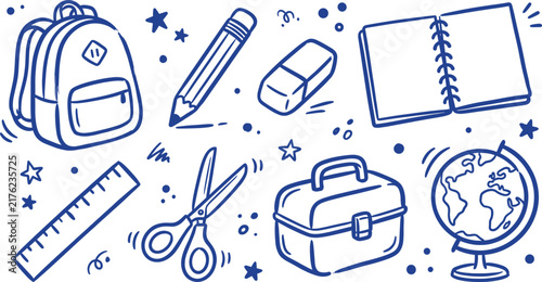 Hand drawn school supplies vector set with backpack pencil eraser notebook and globe isolated