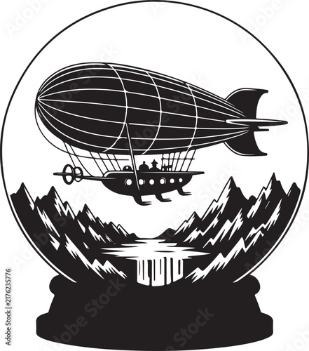 Vintage style airship flying over a mountain landscape inside a circular snow globe design element