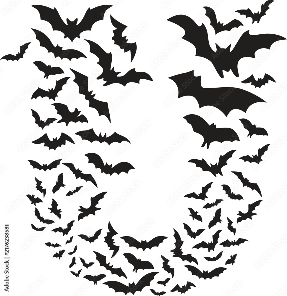 Fototapeta premium Halloween Bat Letter U, Black Silhouette Alphabet Design