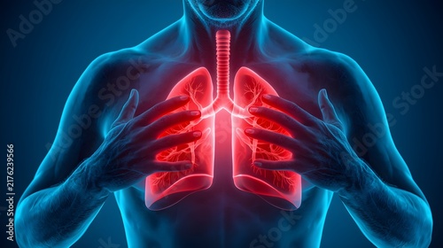 Senior man feeling chest pain and respiratory distress with glowing hologram of inflamed lungs.