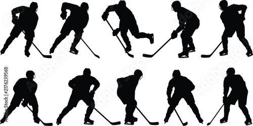Photography A collection of black silhouettes of ice hockey players in various action poses,