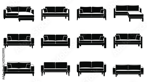 Sofa silhouettes arranged in a grid on a white background