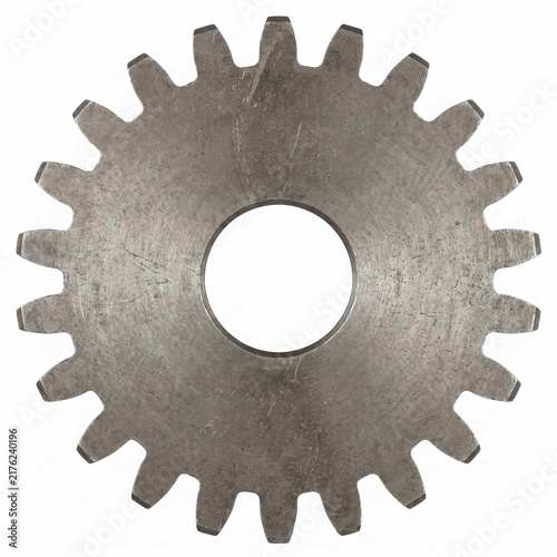 Industrial steel gear wheel featuring detailed metallic texture and sharp teeth isolated on a clean plain bright white background surface