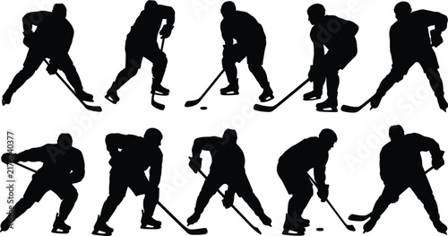 Canvas Print A set of black silhouettes of ice hockey players in various action poses, includ