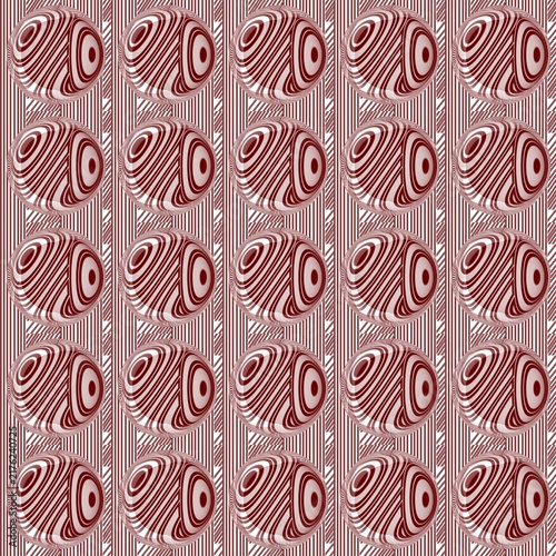 Fotografie Seamless retro op art pattern with 3D spheres and wavy stripes in dark red
