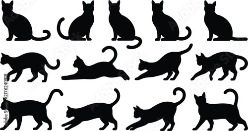 Set of black cat silhouettes in various poses including sitting, walking, stretching, and standing, isolated on a white background, for animal themed