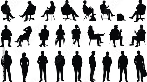 Set of black silhouettes of business people in various poses, including sitting on chairs, using mobile phones, and standing, isolated on a clean white background, for office