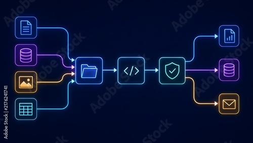 Fototapeta Automated data processing pipeline flowchart with glowing icons for files, coding, security validation and digital distribution