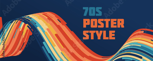 Psychedelic 70s rainbow wavy groovy lines with retro geometric swirl perspective, vibrant multicolor abstract motion stripes forming a dynamic vector background for modern design, posters templates