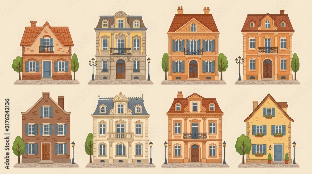 Fototapeta premium A vibrant collection of detailed vector illustrations featuring charming european townhouses with colorful facades and unique architectural designs