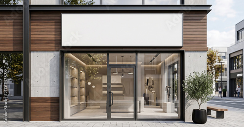 A modern retail storefront featuring large glass windows, a wood-accented facade, and a blank sign for customizable branding. Surrounded by urban environment.