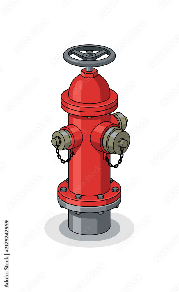 Fototapeta premium Red fire hydrant with wheel valve and multiple outlets on a white background