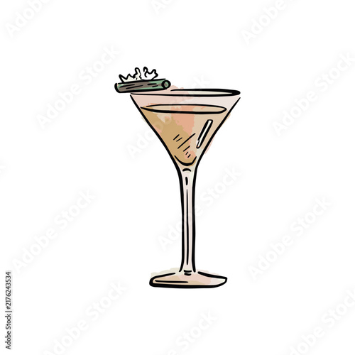 Martini glass cocktail illustration hand drawn in watercolour style. With cinnamon garnish.