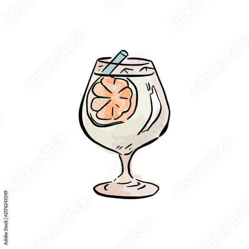 A gin based cocktail with an orange segment in a decorative glass with blue straw. Hand drawn watercolour illustration.