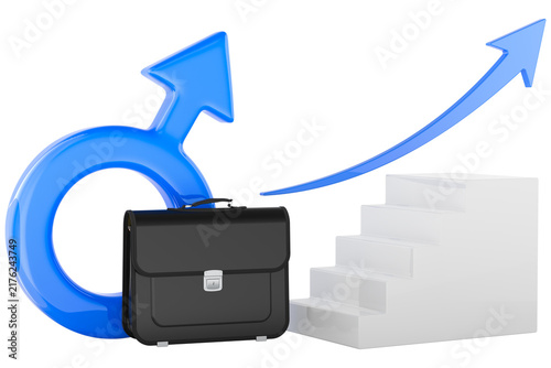 Male career growth concept with briefcase, stairs and upward arrow, transparent background.